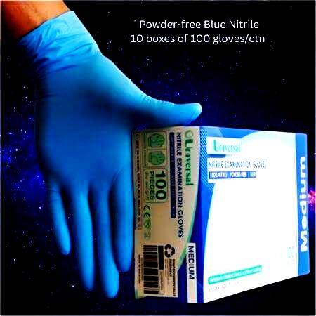 Universal Blue Nitrile Gloves, powder-free, latex-free, medical-grade, micro-textured grip, TGA-listed.