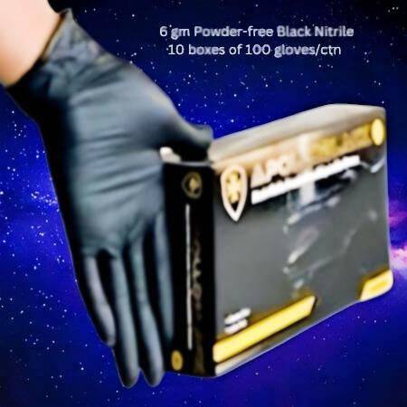 Apollo Black Nitrile Gloves packaging held by gloved hand against a space-themed background.