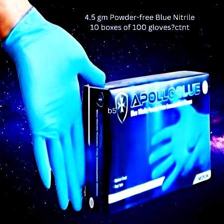 Apollo Blue Nitrile Gloves 4, premium-quality powder-free gloves with enhanced grip, medical-grade, safe for food handling.