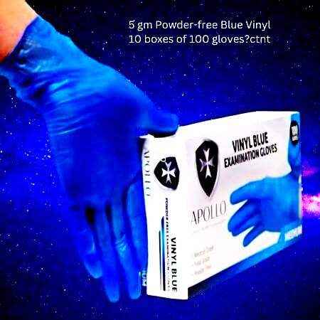 Apollo Blue Vinyl Gloves, powder-free, medical-grade, 5gm, PVC gloves, suitable for latex-sensitive users, TGA listed, food handling safe.