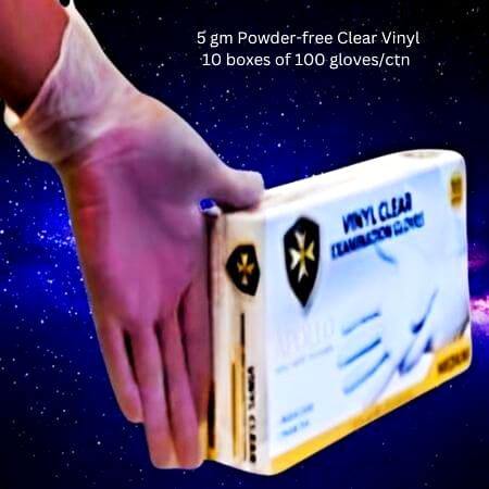 Apollo Clear Vinyl Gloves 5 gm box held by a gloved hand, powder-free and latex-free.