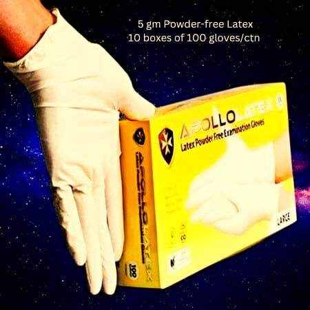 Apollo Latex Gloves 5gm, powder-free, premium-quality, beige, medical-grade, flexible, beaded-cuff, safe for food handling.