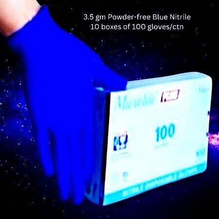 Blue Nitrile Gloves - Microlite, 3.5gm, powder-free, latex-free, TGA-listed.