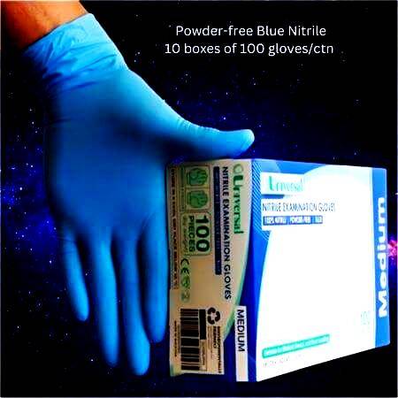 Universal Blue Nitrile Gloves Size XL, powder-free, latex-free, medical-grade, TGA-listed, food handling suitable.