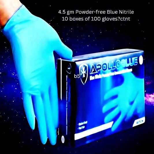 Apollo Blue Nitrile Gloves 4.5gm powder-free with box, showcasing flexibility and grip on fingertips.